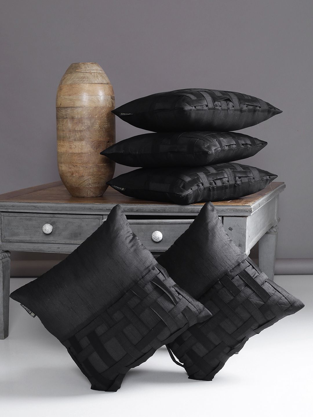 ROMEE Black Set of 5 Solid Square Cushion Covers Price in India