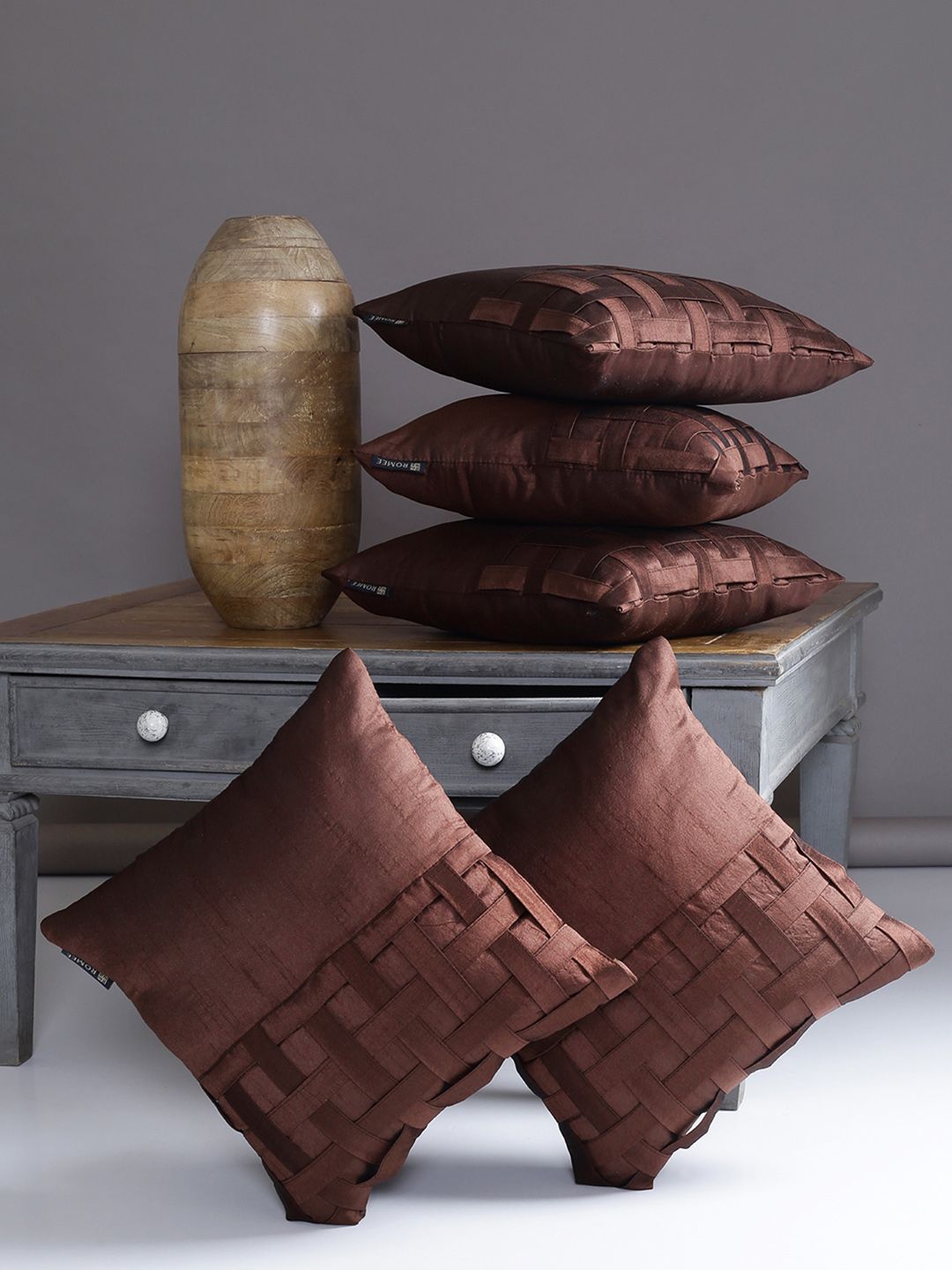 ROMEE Brown Set of 5 Solid Square Cushion Covers Price in India