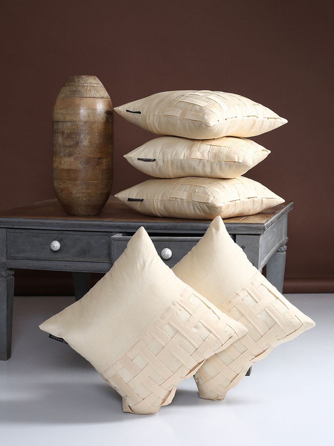 ROMEE Gold-Toned Set of 5 Solid Square Cushion Covers Price in India