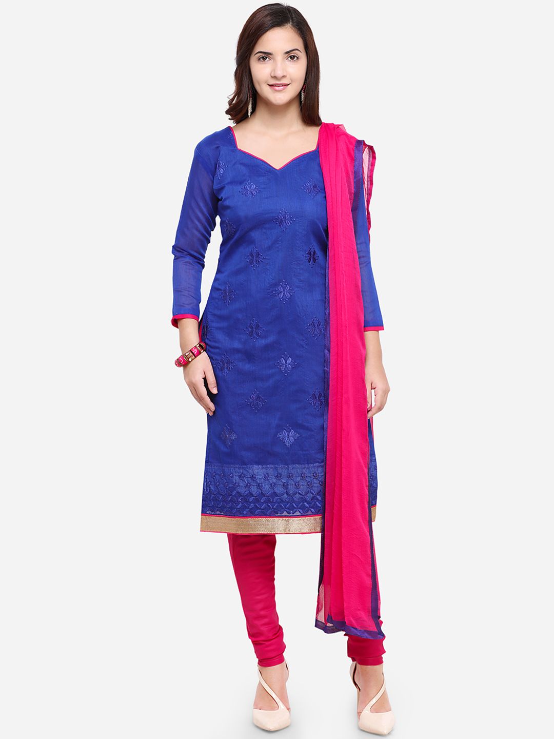 Florence Blue & Pink Cotton Blend Unstitched Dress Material Price in India