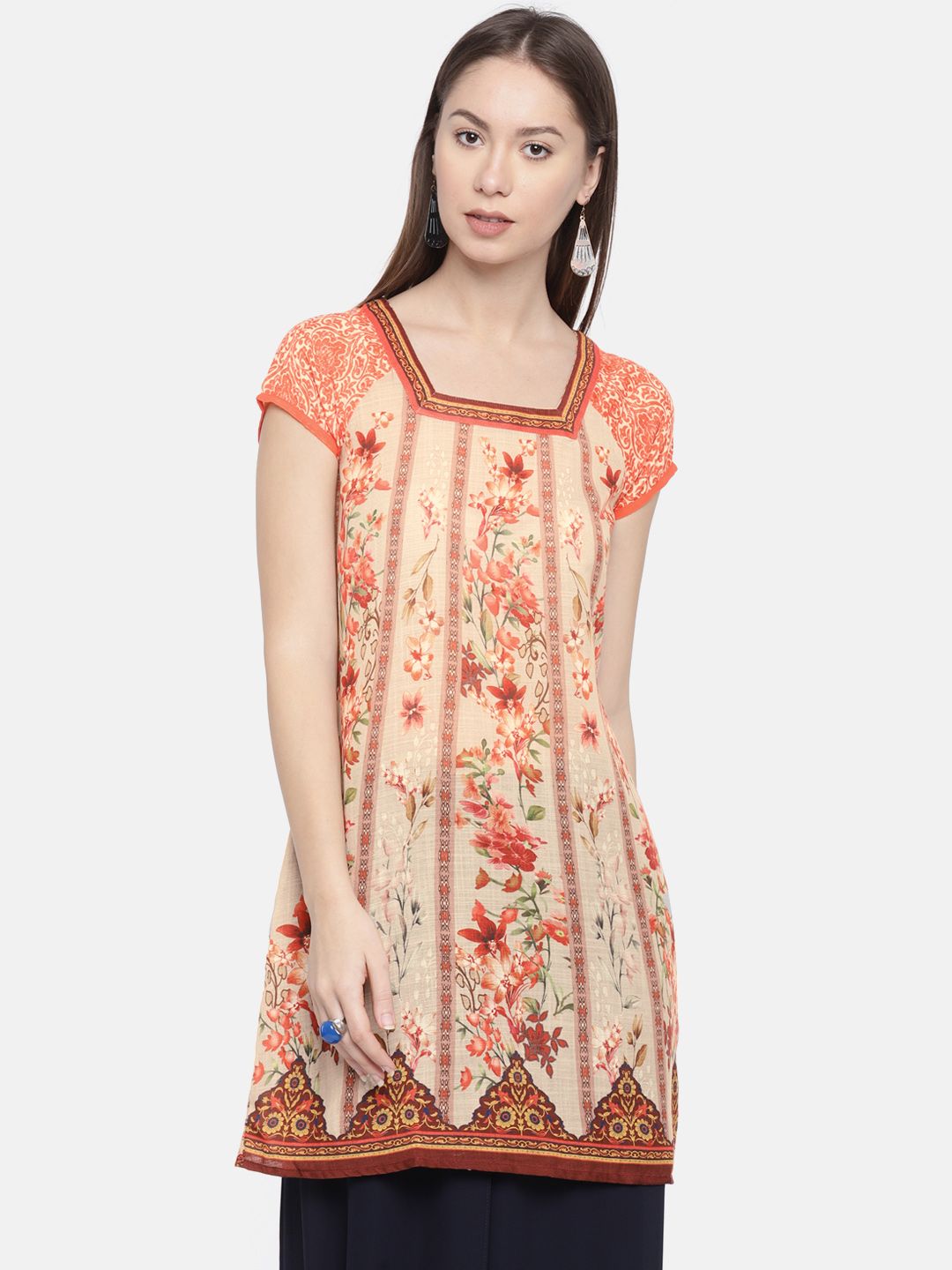 Fusion Beats Orange Printed Tunic Price in India