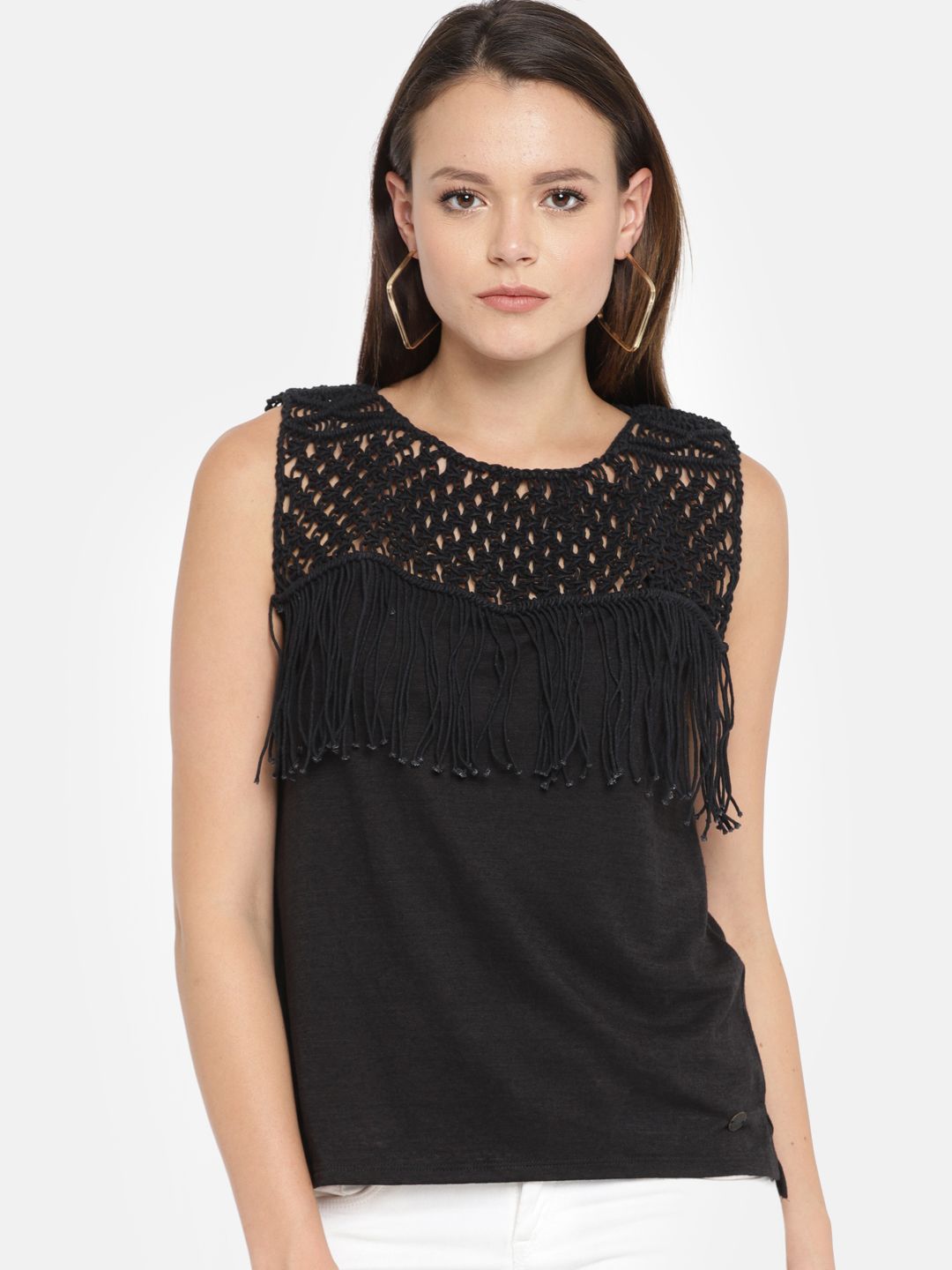 Pepe Jeans Women Black Self Design Knitted Top Price in India