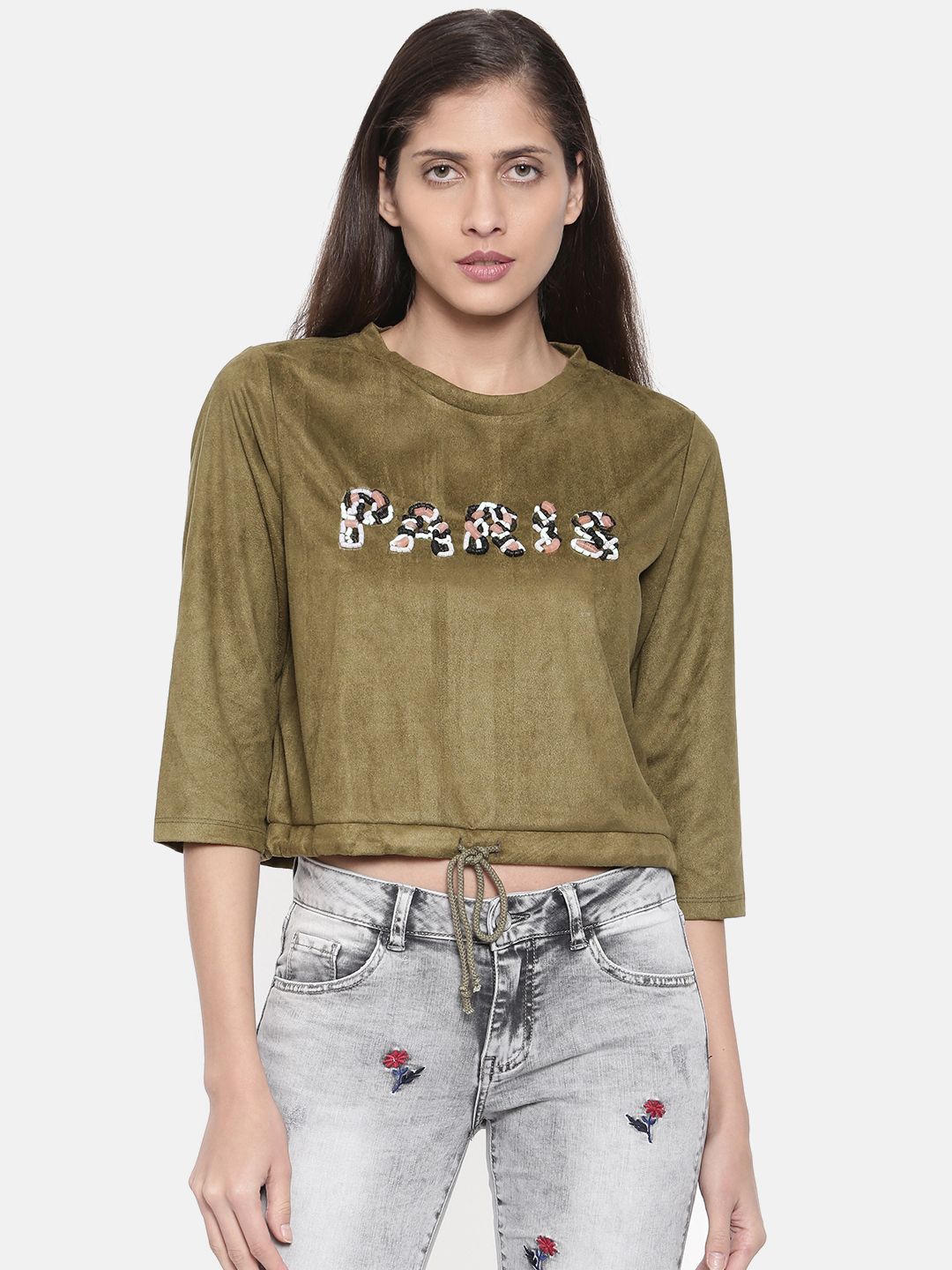 CAMLA Women Olive Green Embellished Top Price in India
