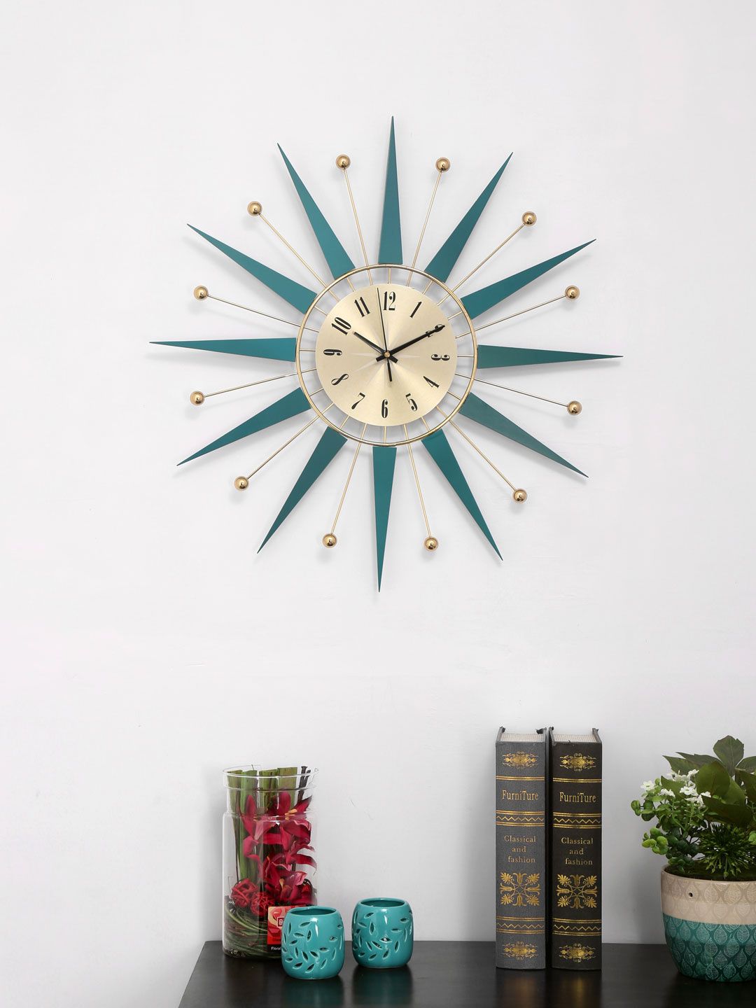 Athome by Nilkamal Teal & Gold-Toned Round Solid Analogue Wall Clock Price in India