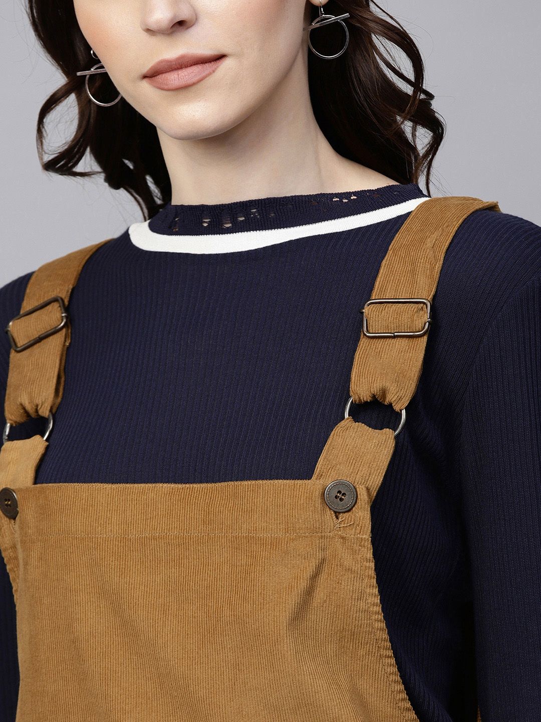 Buy SASSAFRAS Women Brown Solid Corduroy Pinafore Dress - Dresses for Women  7687274