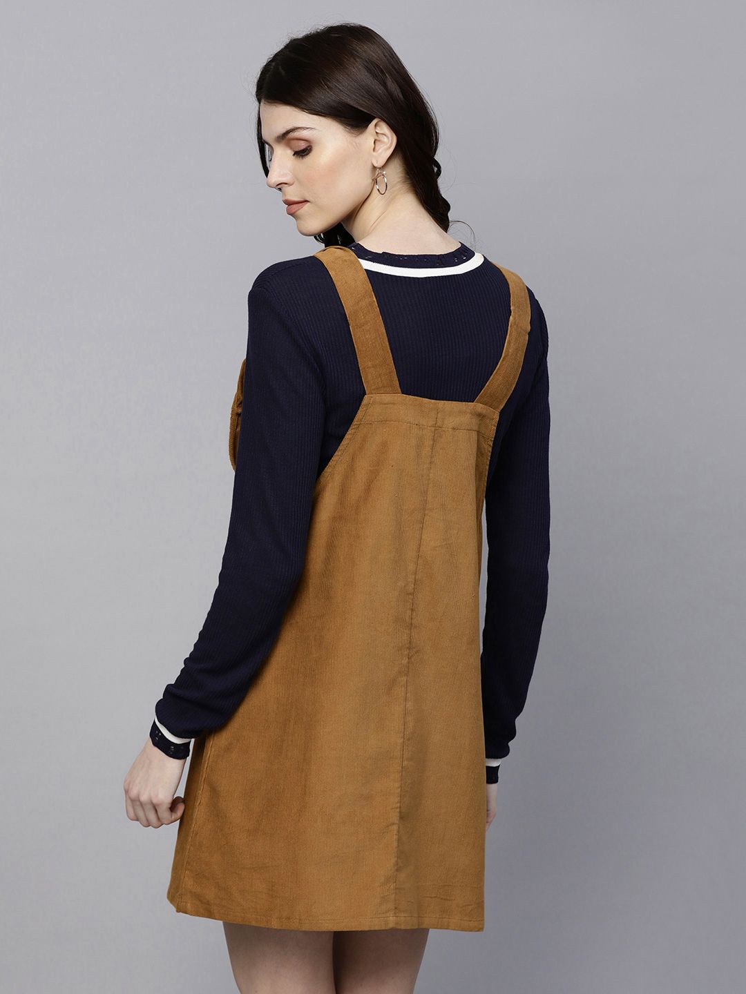 Buy SASSAFRAS Women Brown Solid Corduroy Pinafore Dress - Dresses for Women  7687274 | Myntra