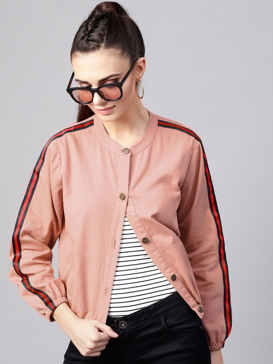 SASSAFRAS Women Dusty Pink Solid Bomber Jacket Price in India