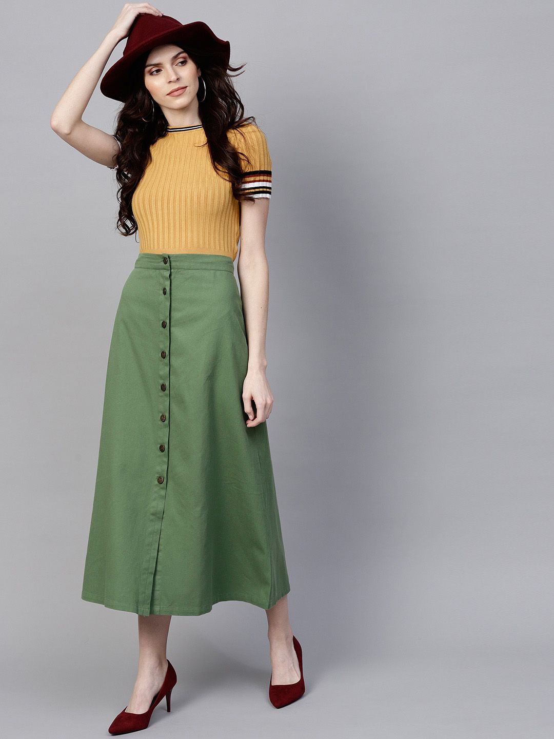 SASSAFRAS Women Olive Green Solid Midi A-Line Skirt