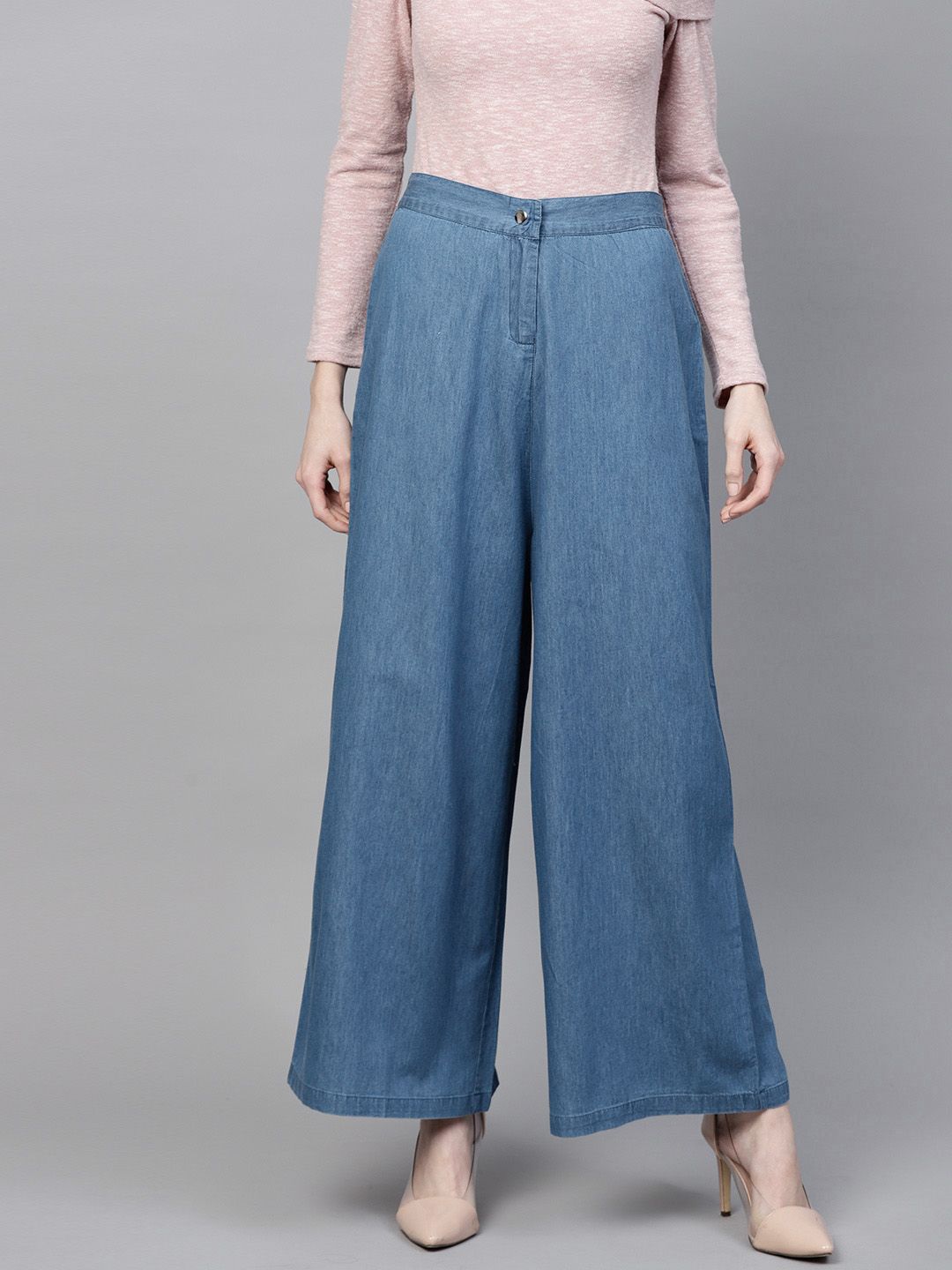 SASSAFRAS Women Blue Chambray Parallel Trousers Price in India