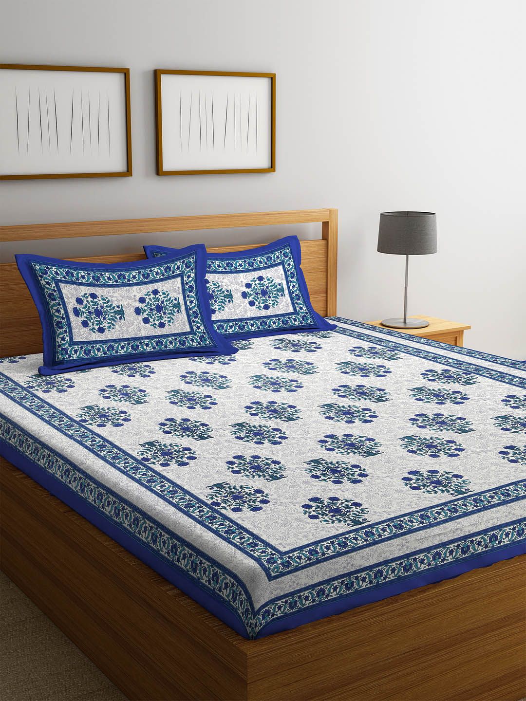 Rajasthan Decor White & Blue Floral Flat 144 TC Cotton Double Bedsheet with Pillow Covers Price in India