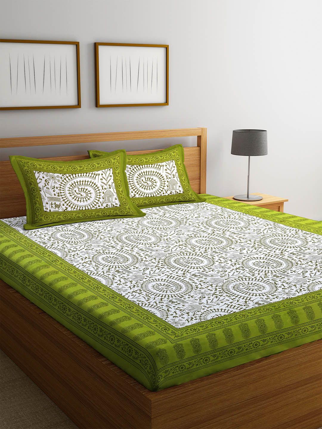 Rajasthan Decor Green Printed Flat 144 TC Cotton Double Bedsheet with Pillow Covers Price in India