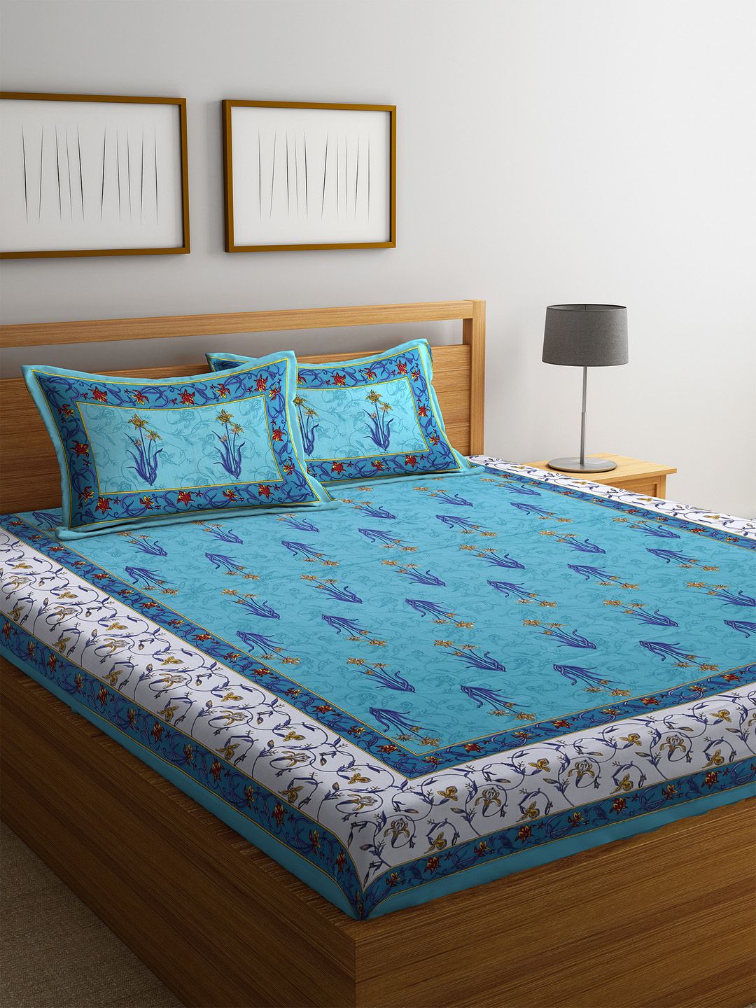 Rajasthan Decor Blue & White Floral Flat 144 TC Cotton Double Bedsheet with Pillow Covers Price in India