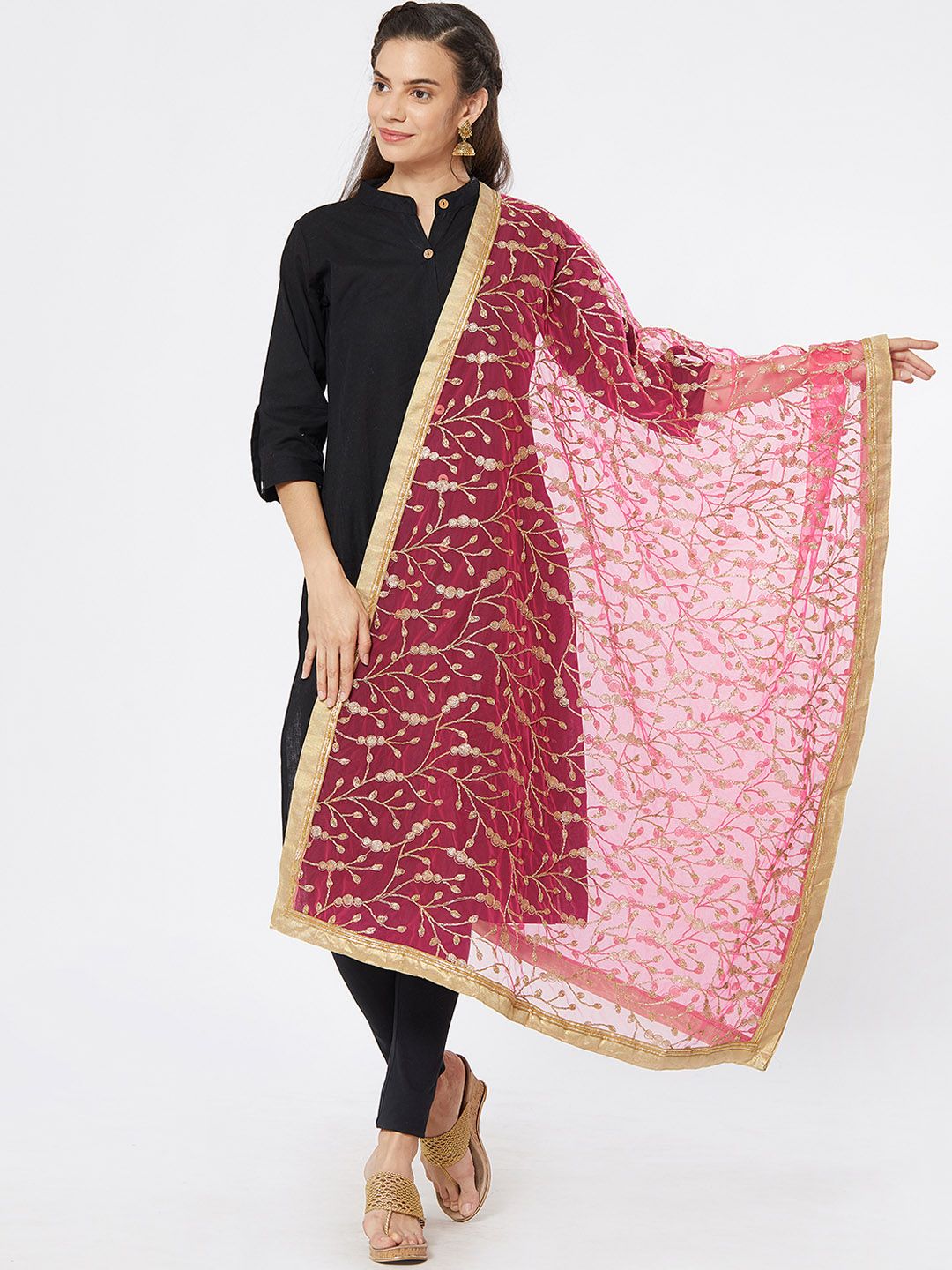 Dupatta Bazaar Women Pink & Gold-Toned Embroidered Dupatta Price in India