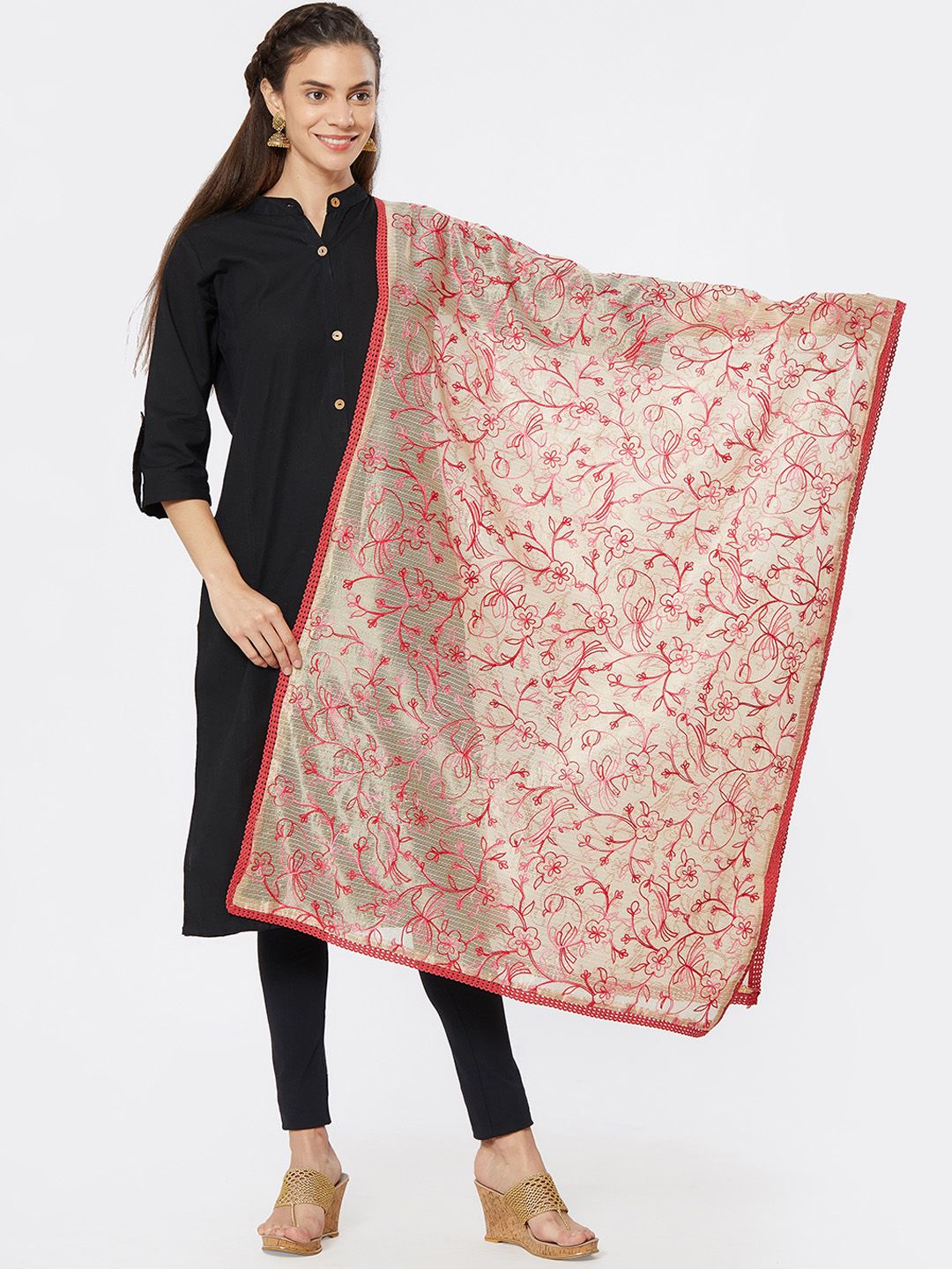 Dupatta Bazaar Beige & Pink Embroidered Dupatta Price in India