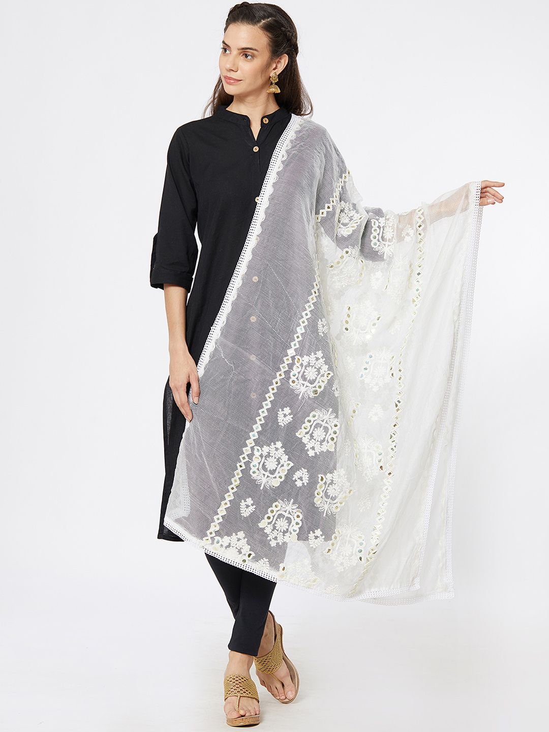 Dupatta Bazaar Women White Embroidered Dupatta Price in India