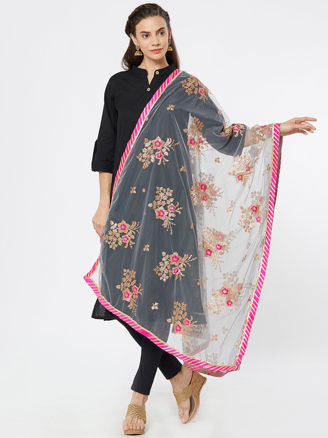 Dupatta Bazaar Women Grey & Pink Embroidered Dupatta Price in India