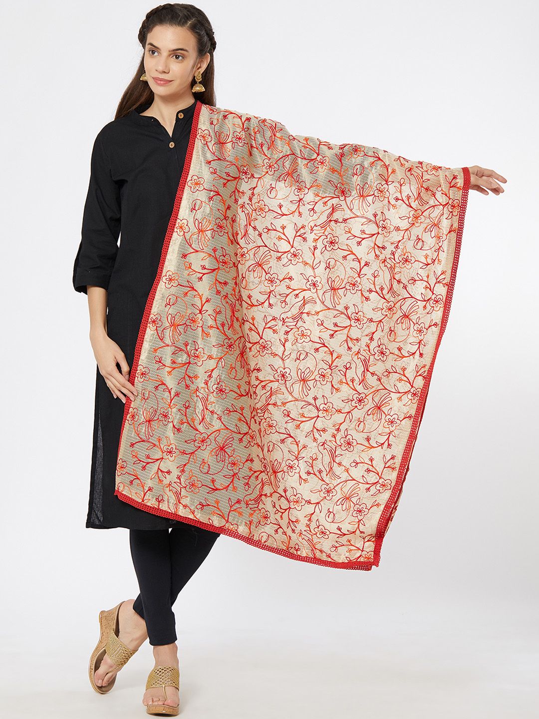 Dupatta Bazaar Women Beige & Red Embroidered Dupatta Price in India