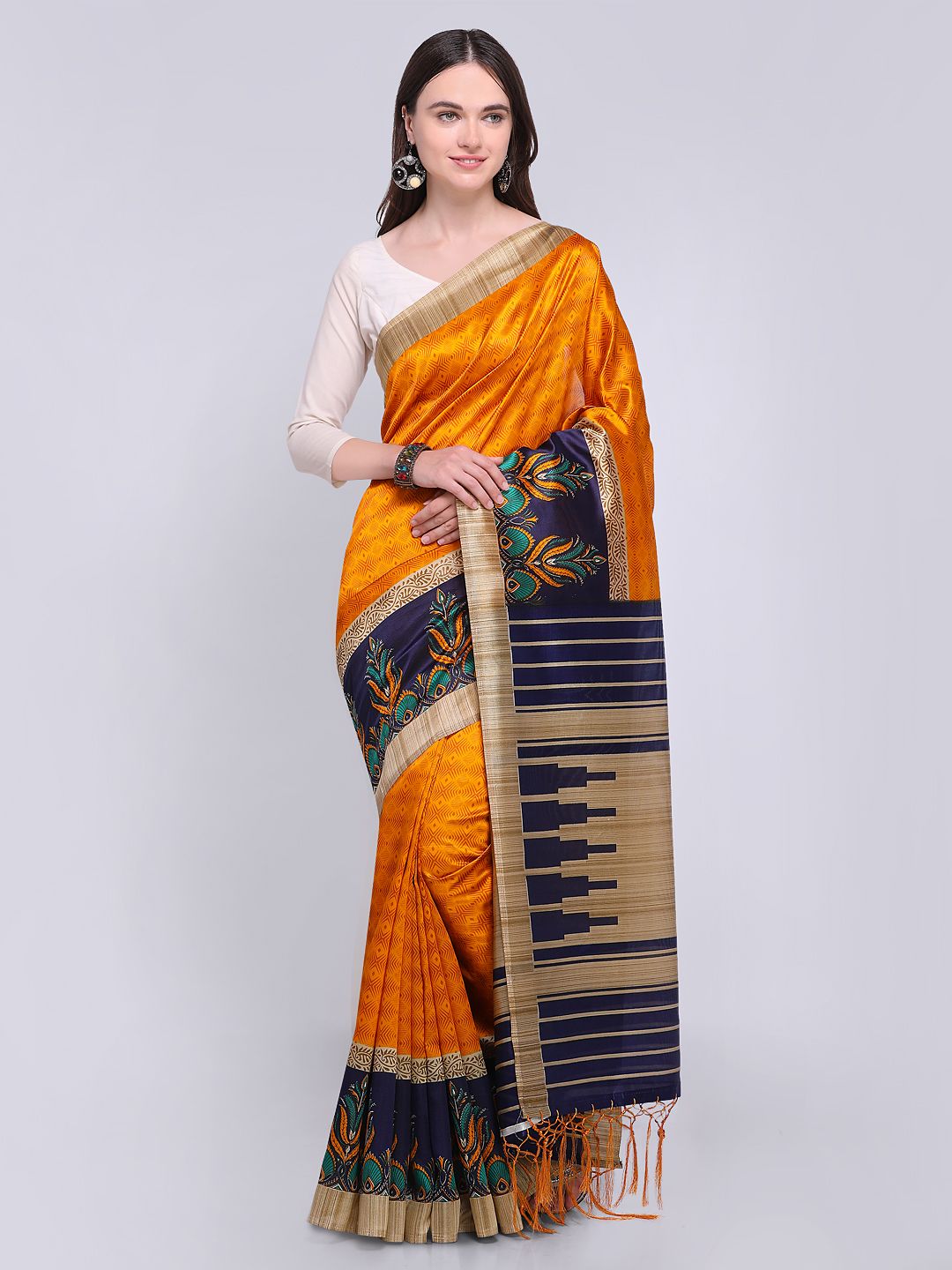 Saree mall Mustard Printed Bhagalpuri Saree Price in India