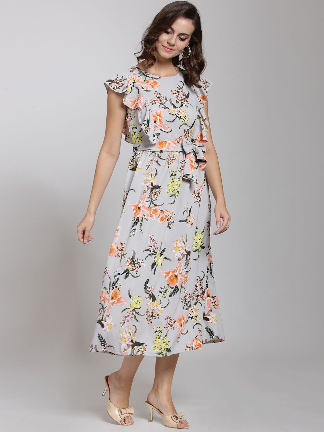 plusS Grey Floral Printed Fit and Flare Dress Price in India