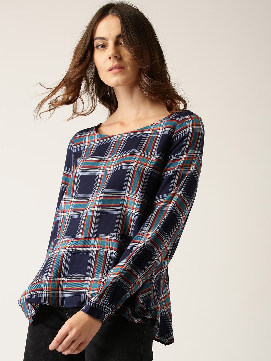 ESPRIT Women Navy Blue & White Checked A-Line Top Price in India