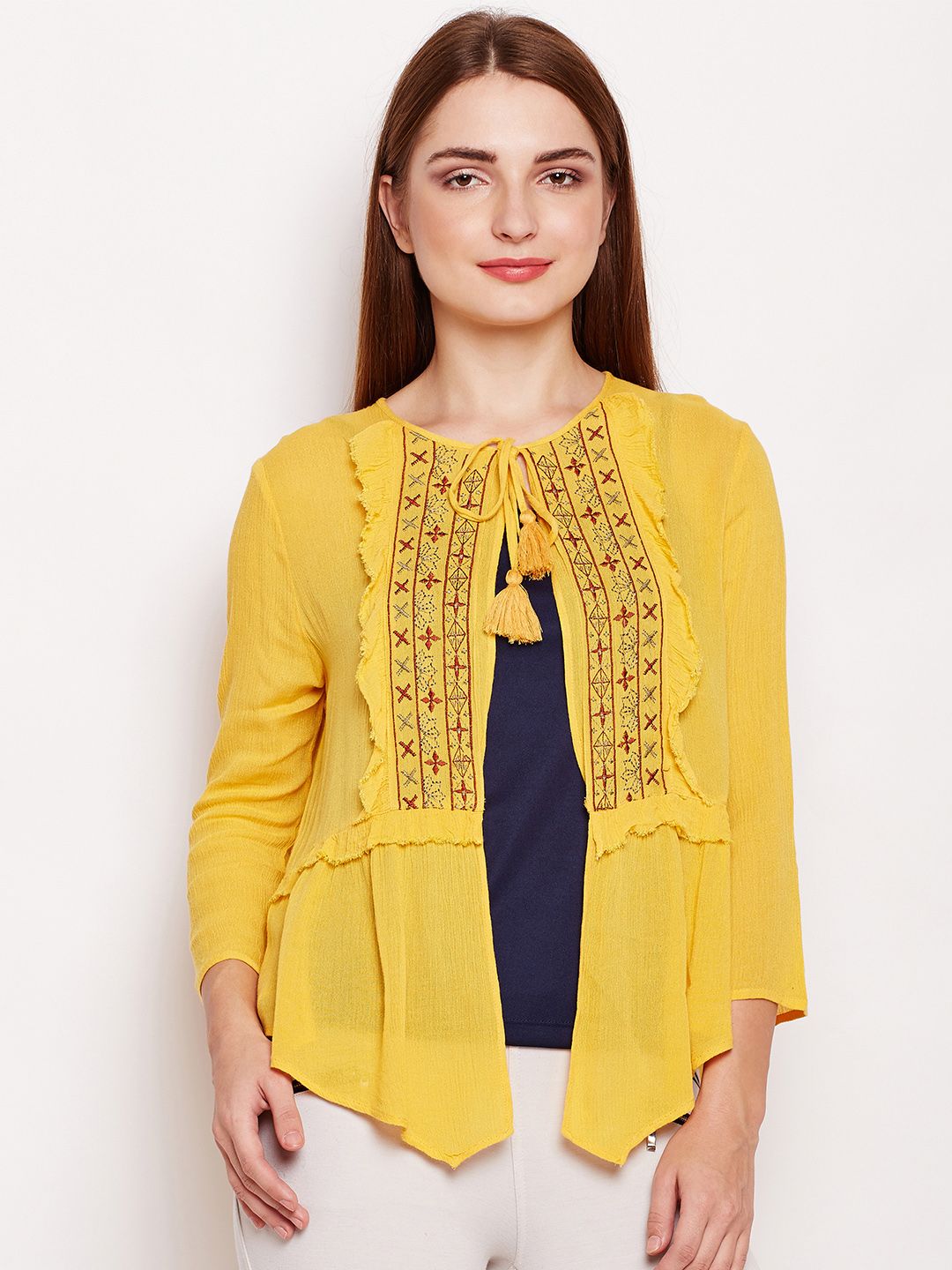 Oxolloxo Yellow Solid Open Front Shrug Price in India