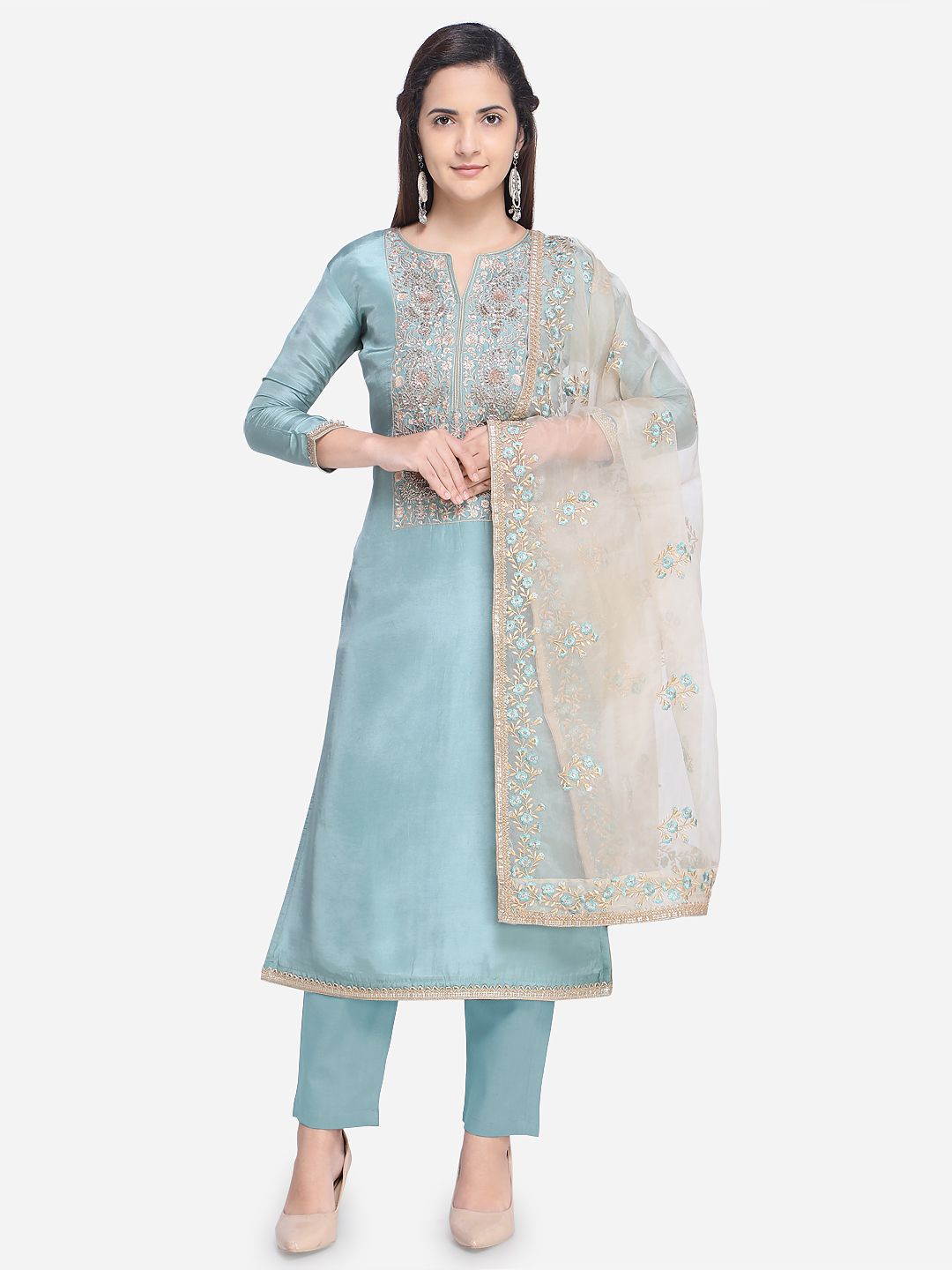 Rajnandini Teal Silk Blend Unstitched Dress Material Price in India