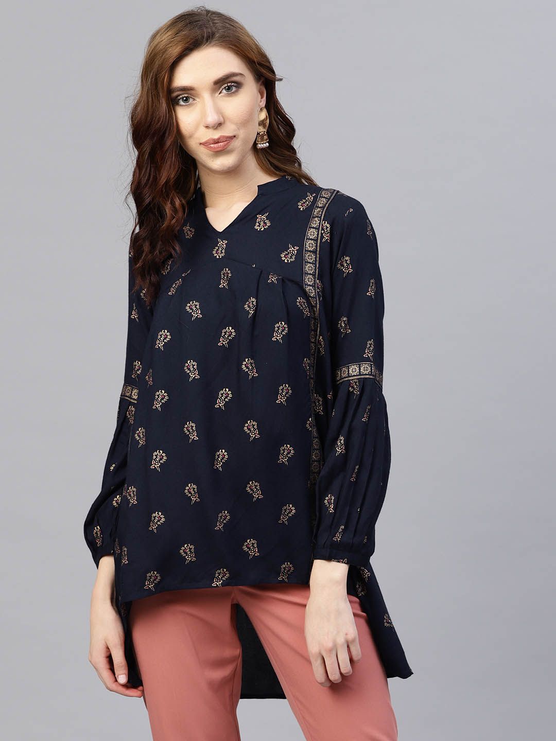 aasi Navy Blue & Golden Printed High-Low Tunic