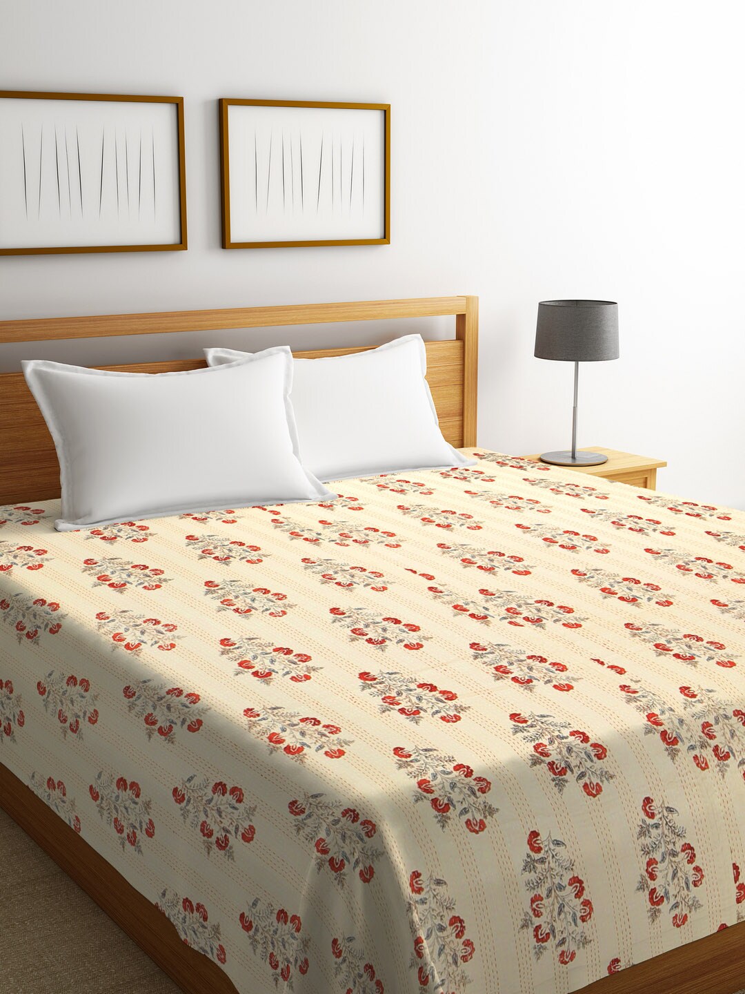 Rajasthan Decor Cream & Red Floral Screen Print Kantha Work Cotton Double Bed Cover Price in India