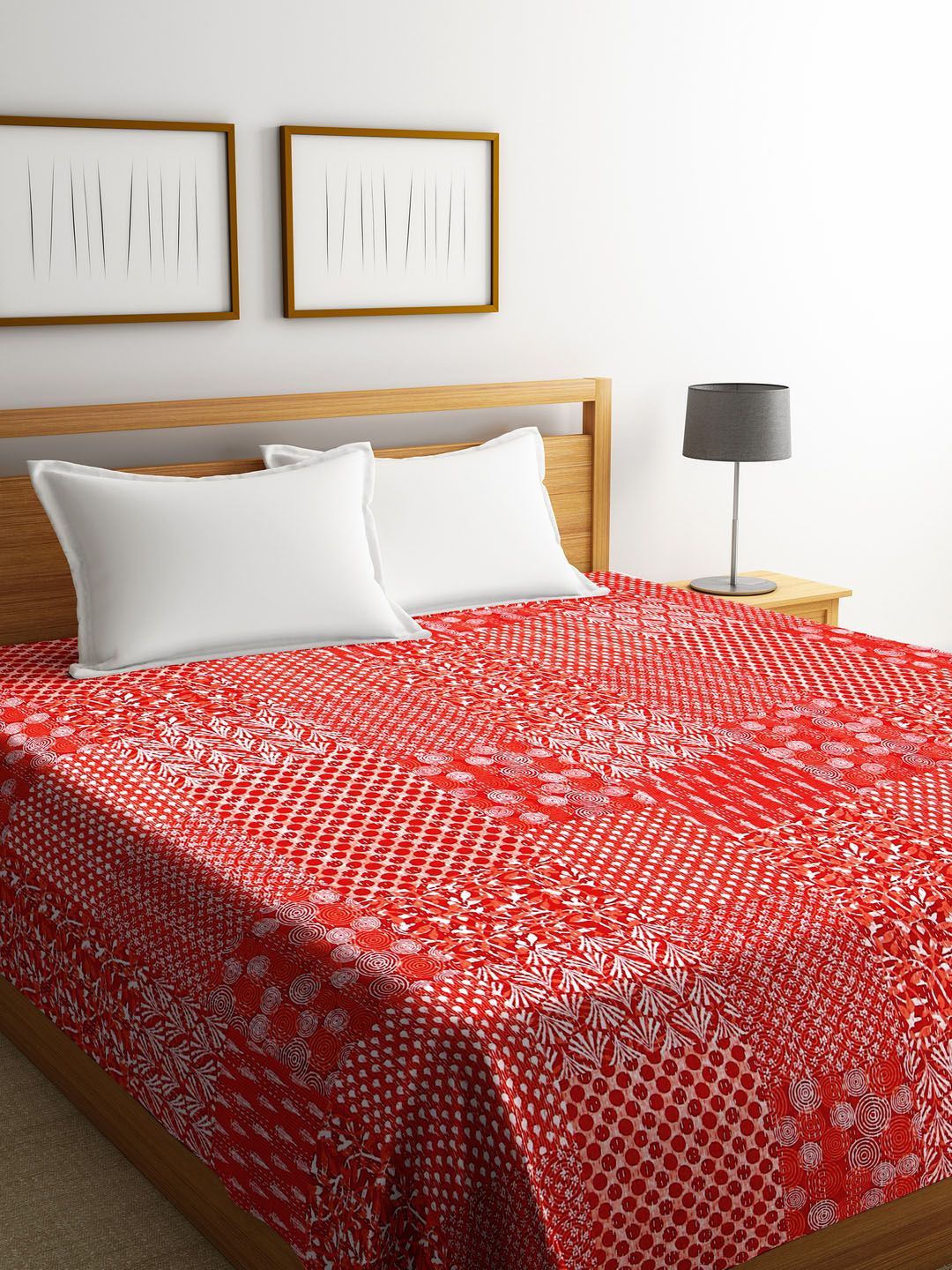Rajasthan Decor Red  Floral Screen Print Kantha Work Cotton Double Bed Cover Price in India