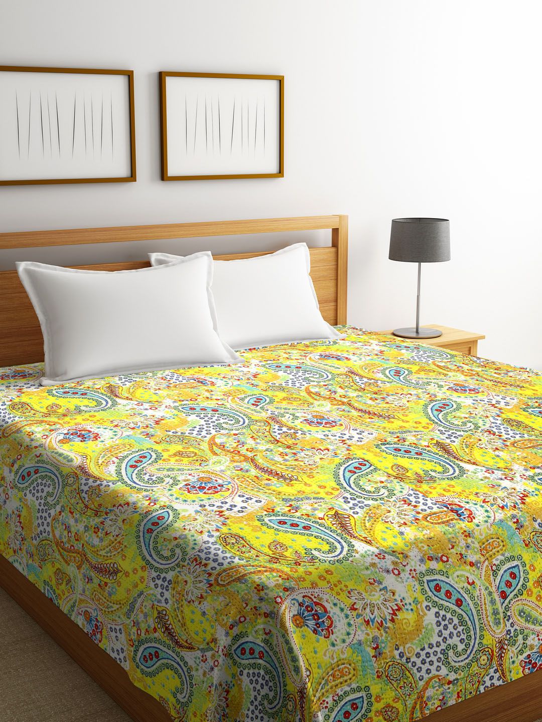 Rajasthan Decor Yellow & Blue Screen Print Kantha Work Cotton Double Bed Cover Price in India