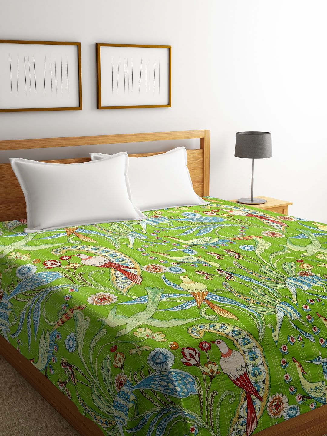 Rajasthan Decor Green & Blue Screen Print Kantha Work Cotton Double Bed Cover Price in India