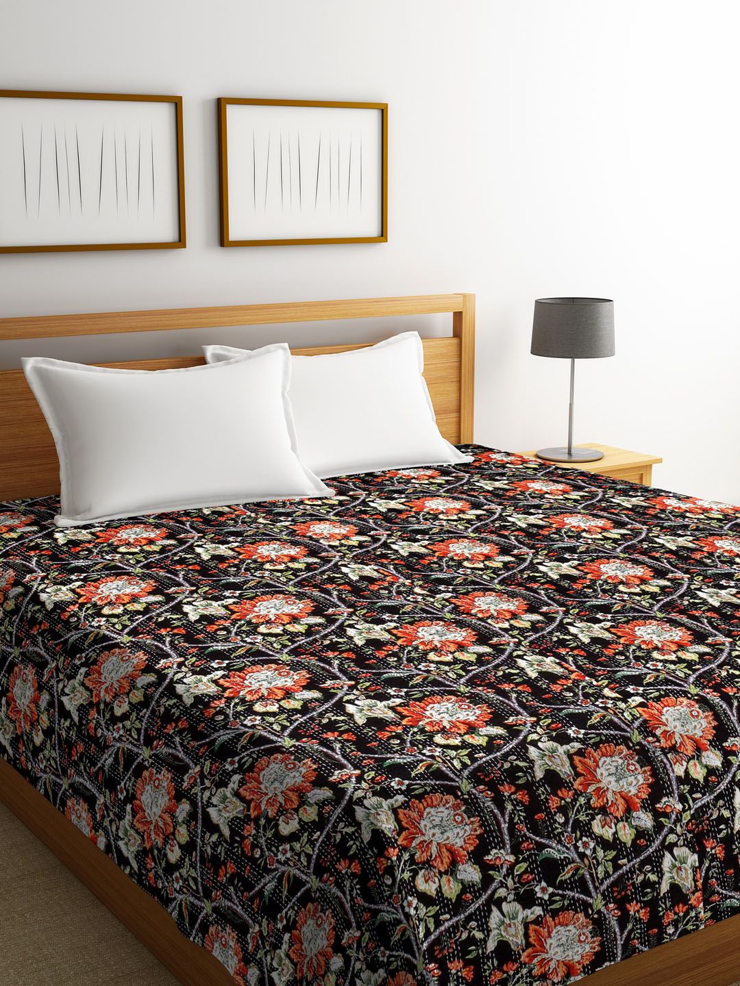 Rajasthan Decor Black & Orange Floral Screen Print Kantha Work Cotton Double Bed Cover Price in India