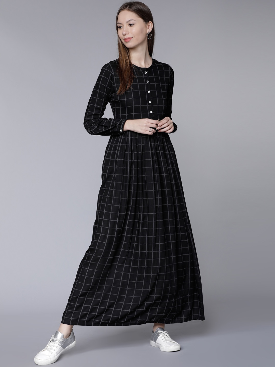 Vishudh Women Black Checked Maxi Dress Price in India