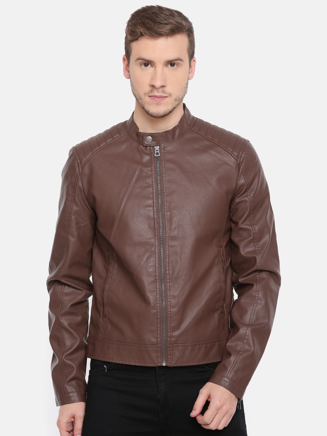 Jack Jones Men Brown Solid Biker Jacket