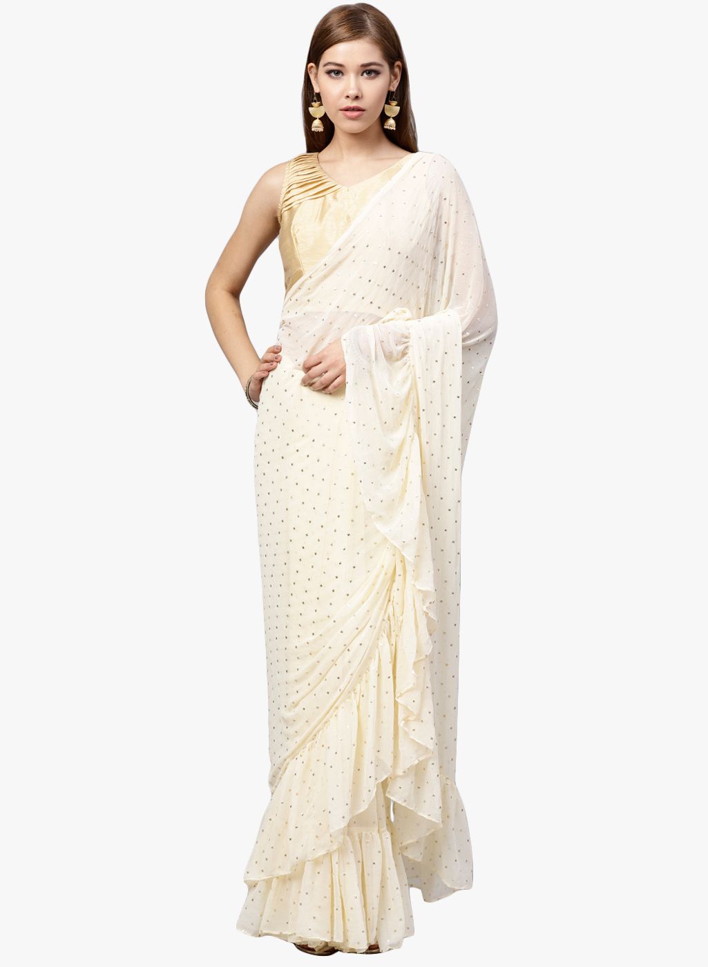 Inddus Cream & Gold Poly Chiffon Embellished Saree