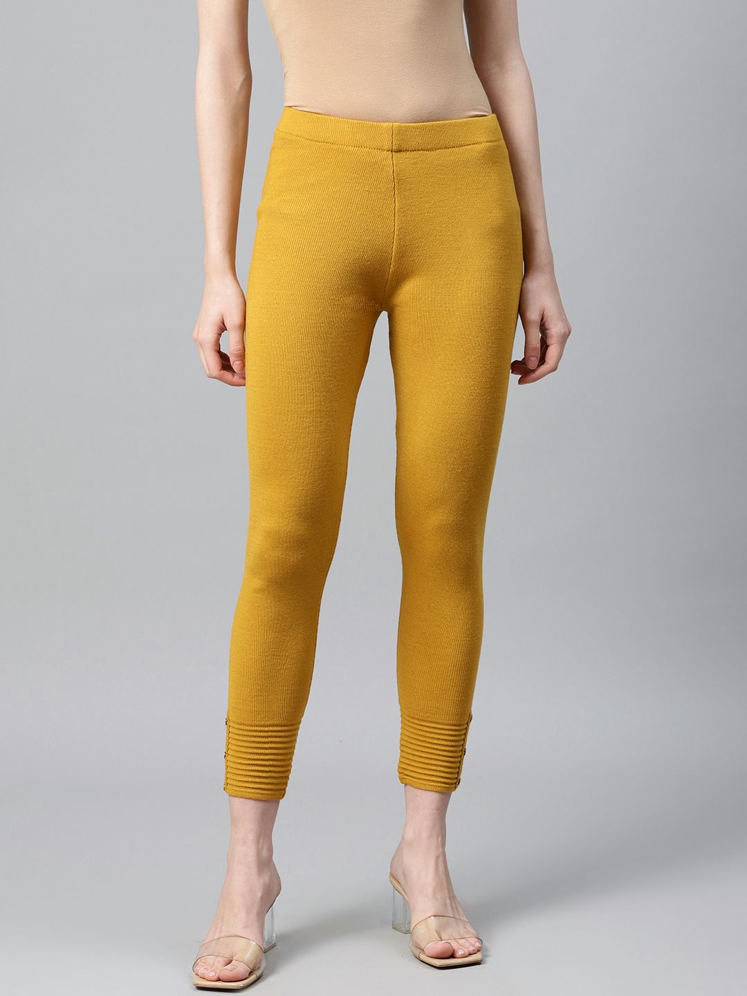 W Women Mustard Yellow Solid Cropped Winter Leggings Price in India