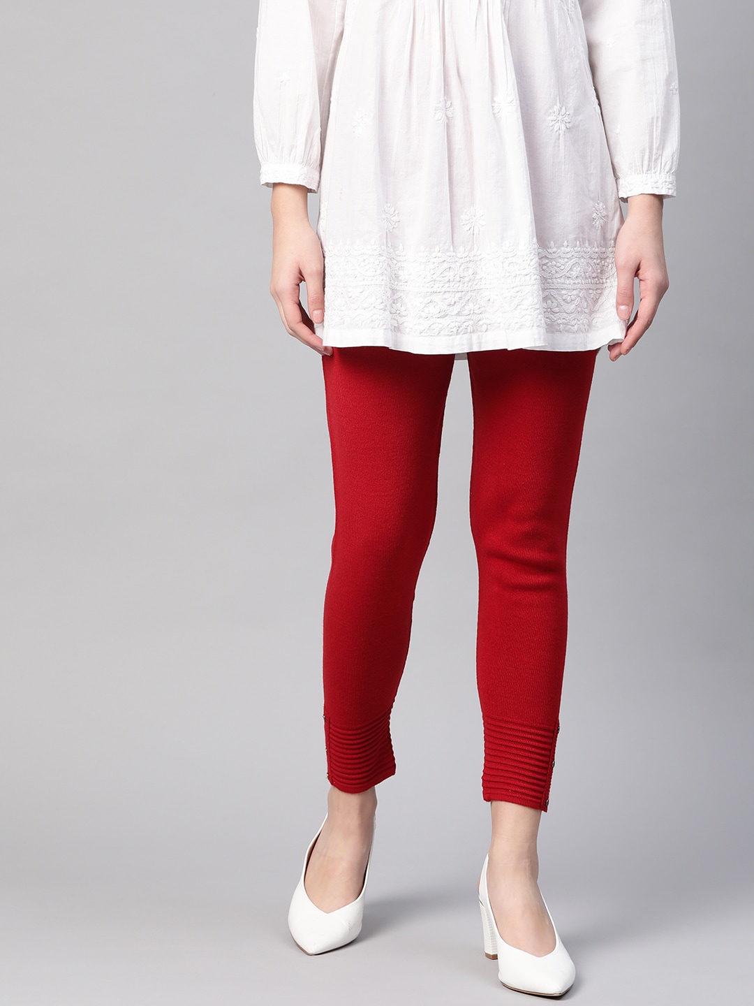 W Women Red Solid Knitted Winter Leggings Price in India