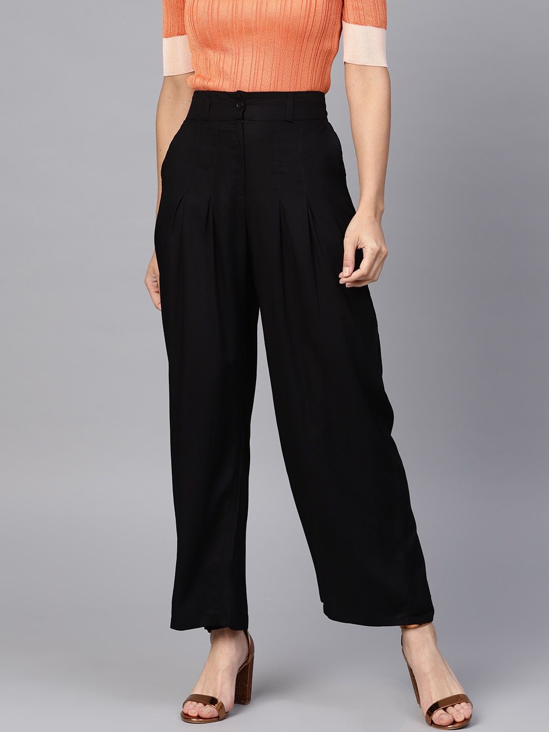 W Women Black Parallel Trousers Price in India
