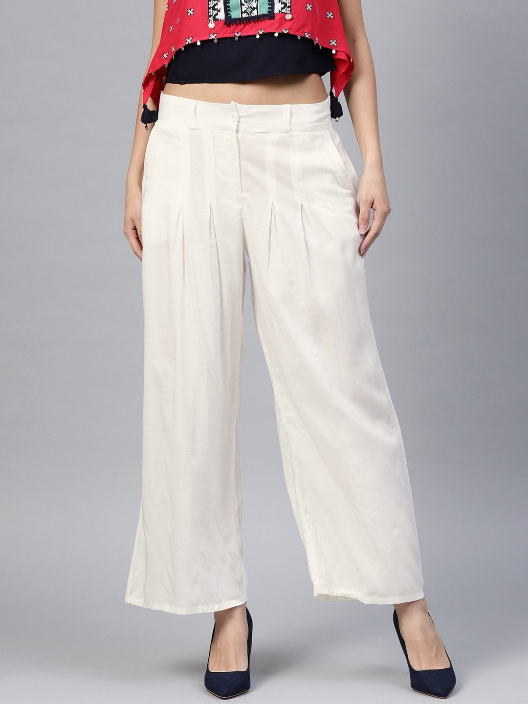 W Women Off-White Regular Fit Solid Parallel Trousers Price in India