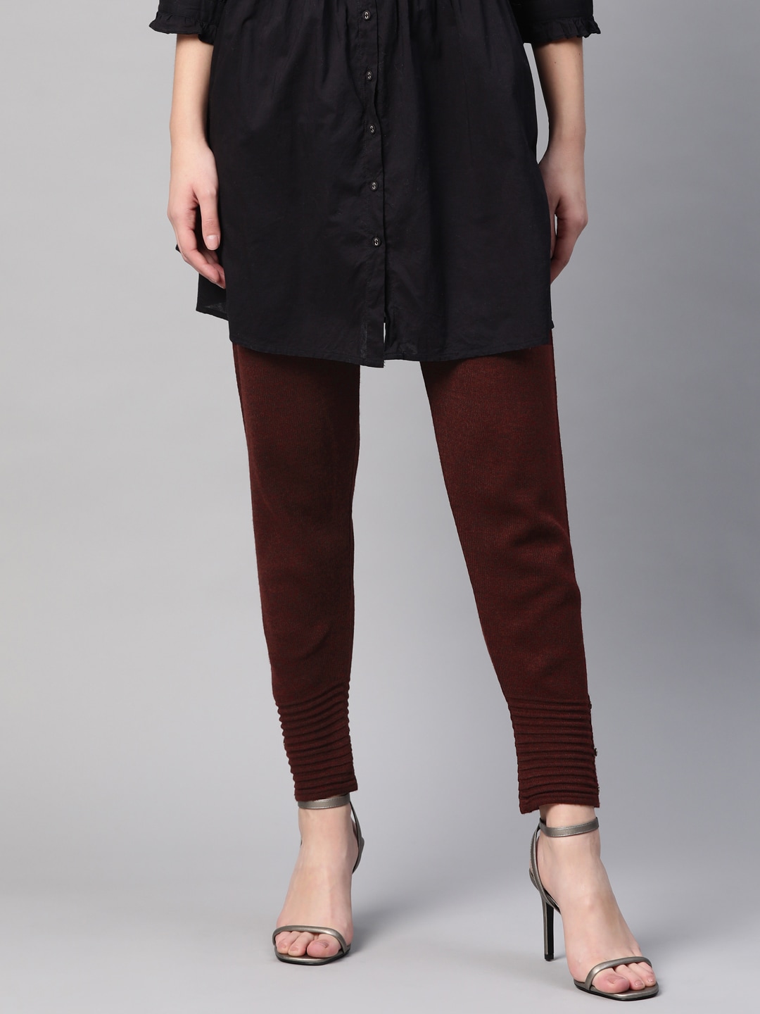 W Women Burgundy Solid Knitted Winter Leggings Price in India