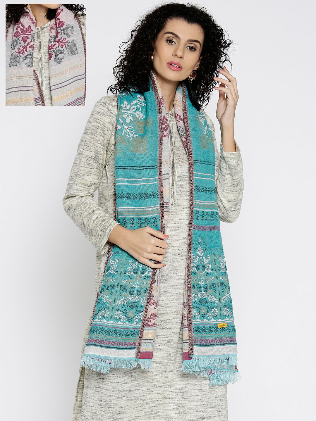 AURELIA Women Blue & Grey Reversible Self Design Shawl Price in India