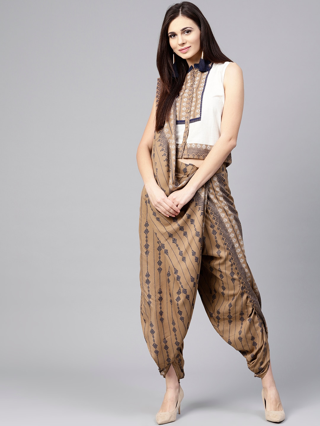 W Women Brown & Off-White Printed Top & Dhoti Pants with Attached Dupatta Price in India