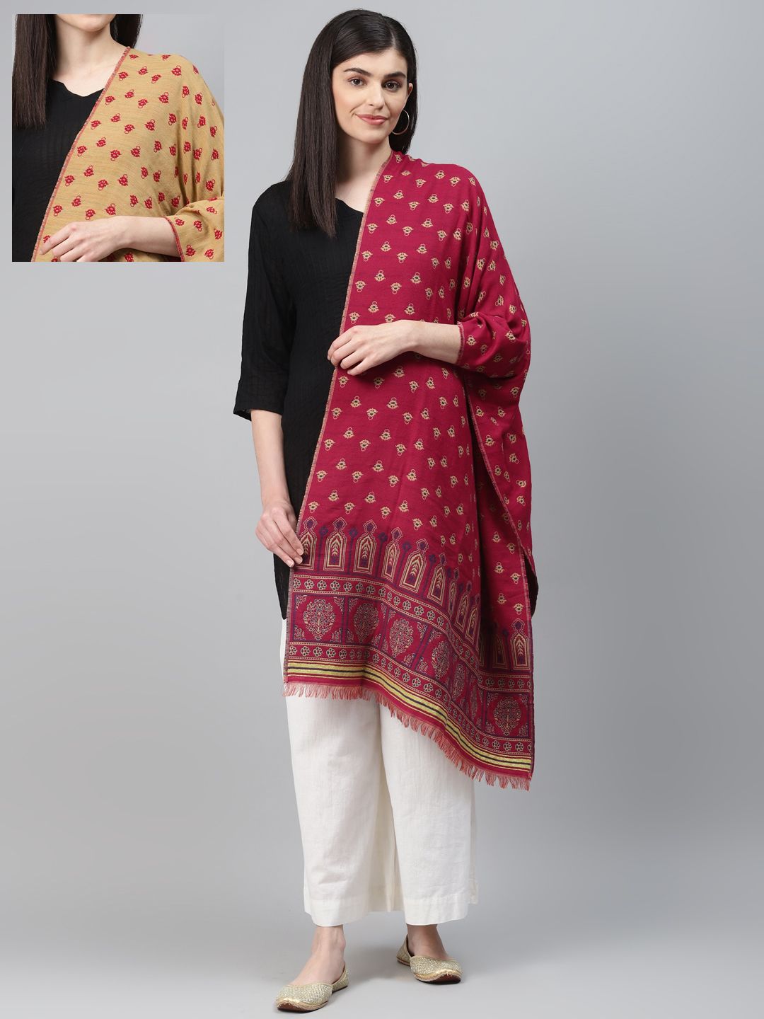 AURELIA Women Magenta & Beige Woven Design Reversible Shawl Price in India