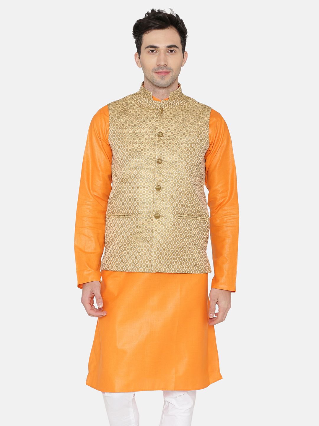 Wintage Men Gold Coloured Woven Design Nehru Jacket