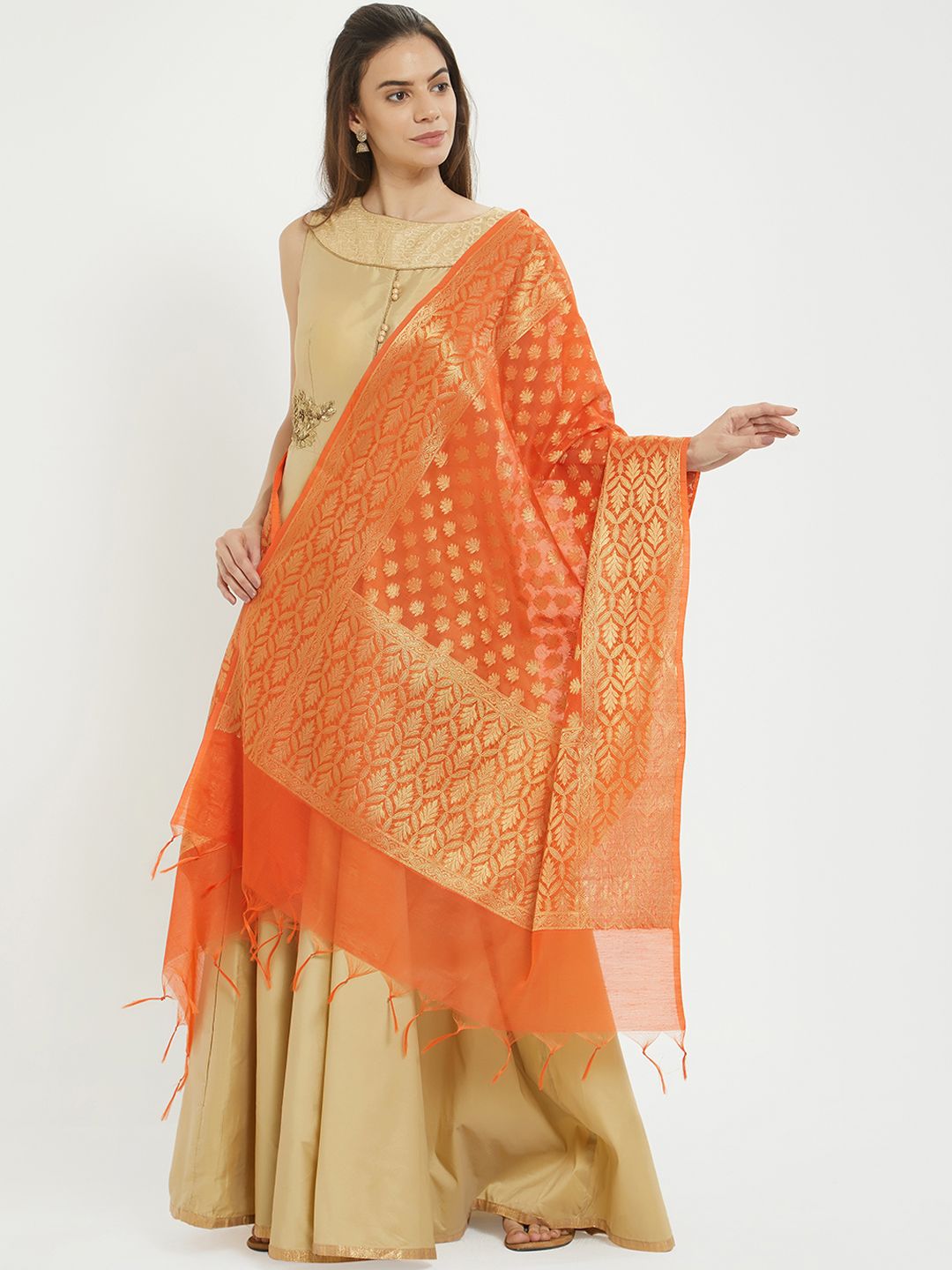 Dupatta Bazaar Orange & Golden-Coloured Woven Design Dupatta Price in India