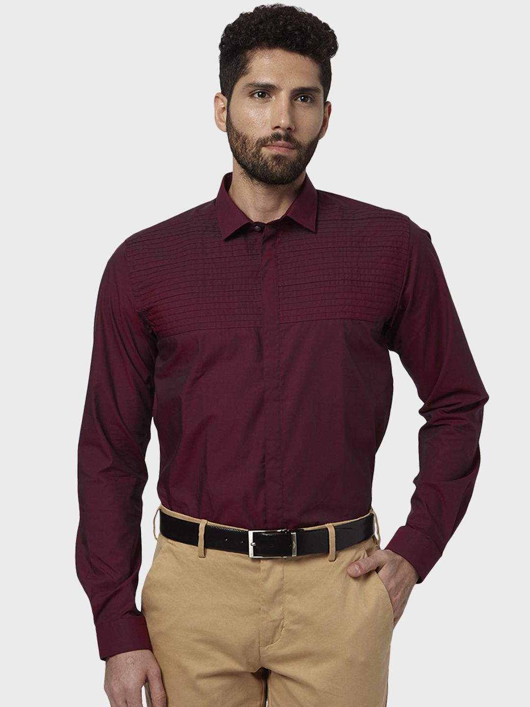 burgundy shirt brown pants