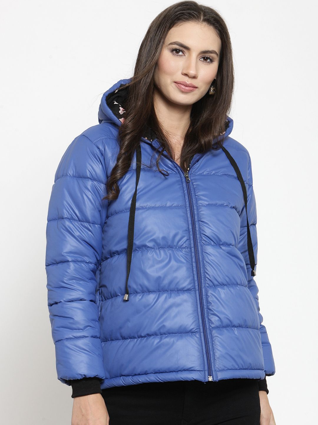 Belle Fille Women Blue Solid Quilted Jacket Price in India