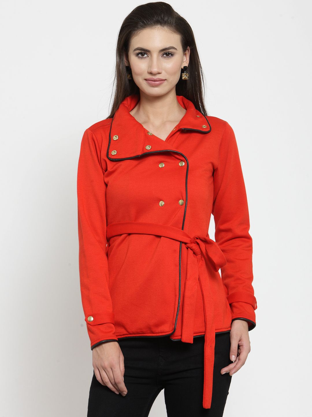 Belle Fille Women Red Solid Open Front Jacket Price in India