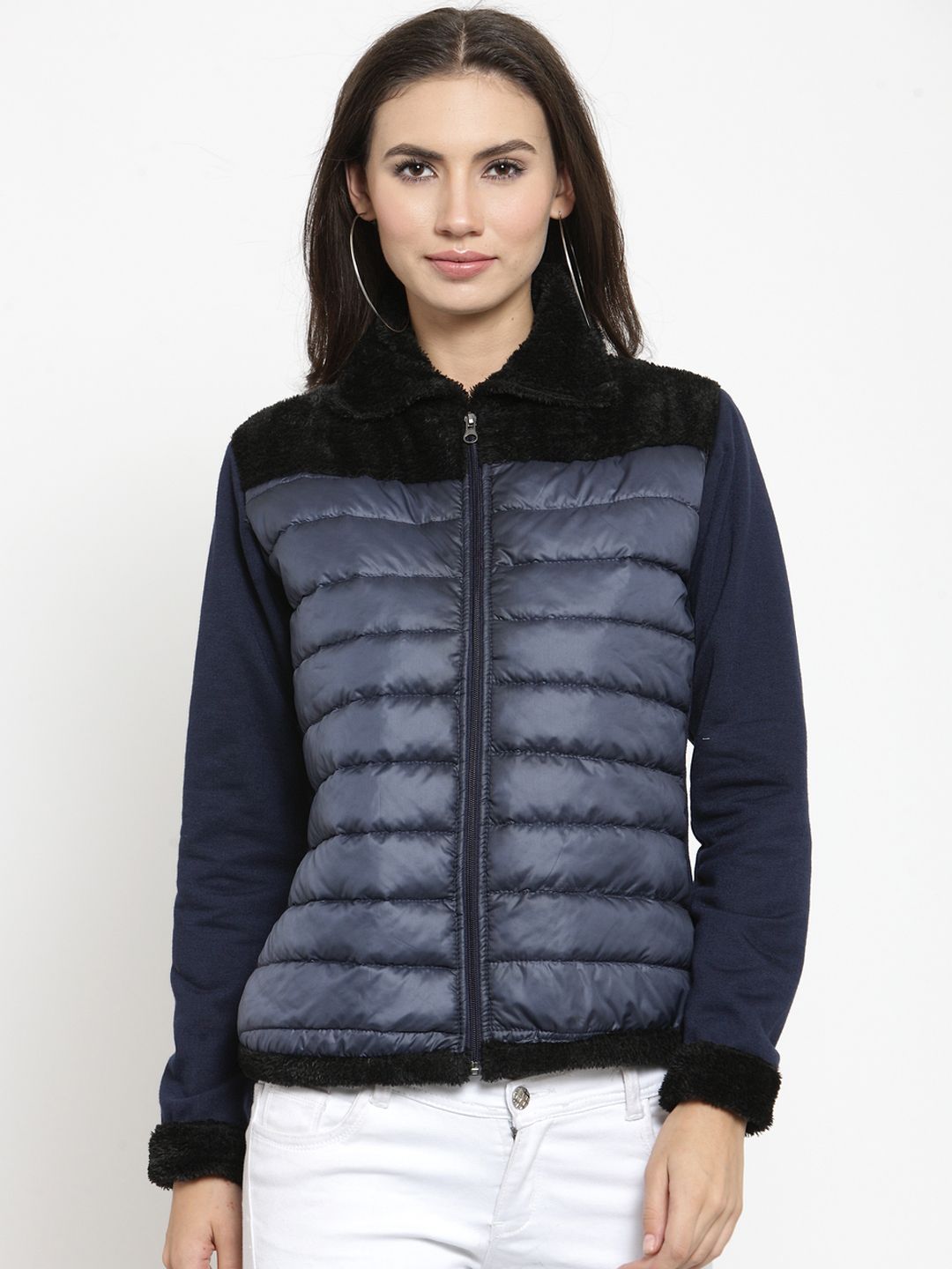 Belle Fille Women Navy Blue Solid Quilted Jacket Price in India