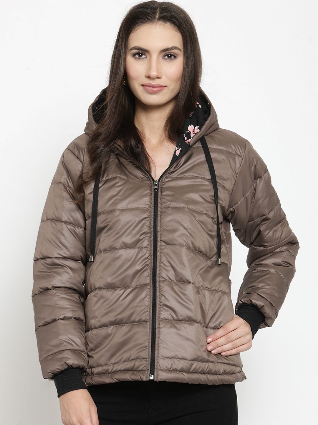 Belle Fille Women Brown Solid Quilted Jacket Price in India